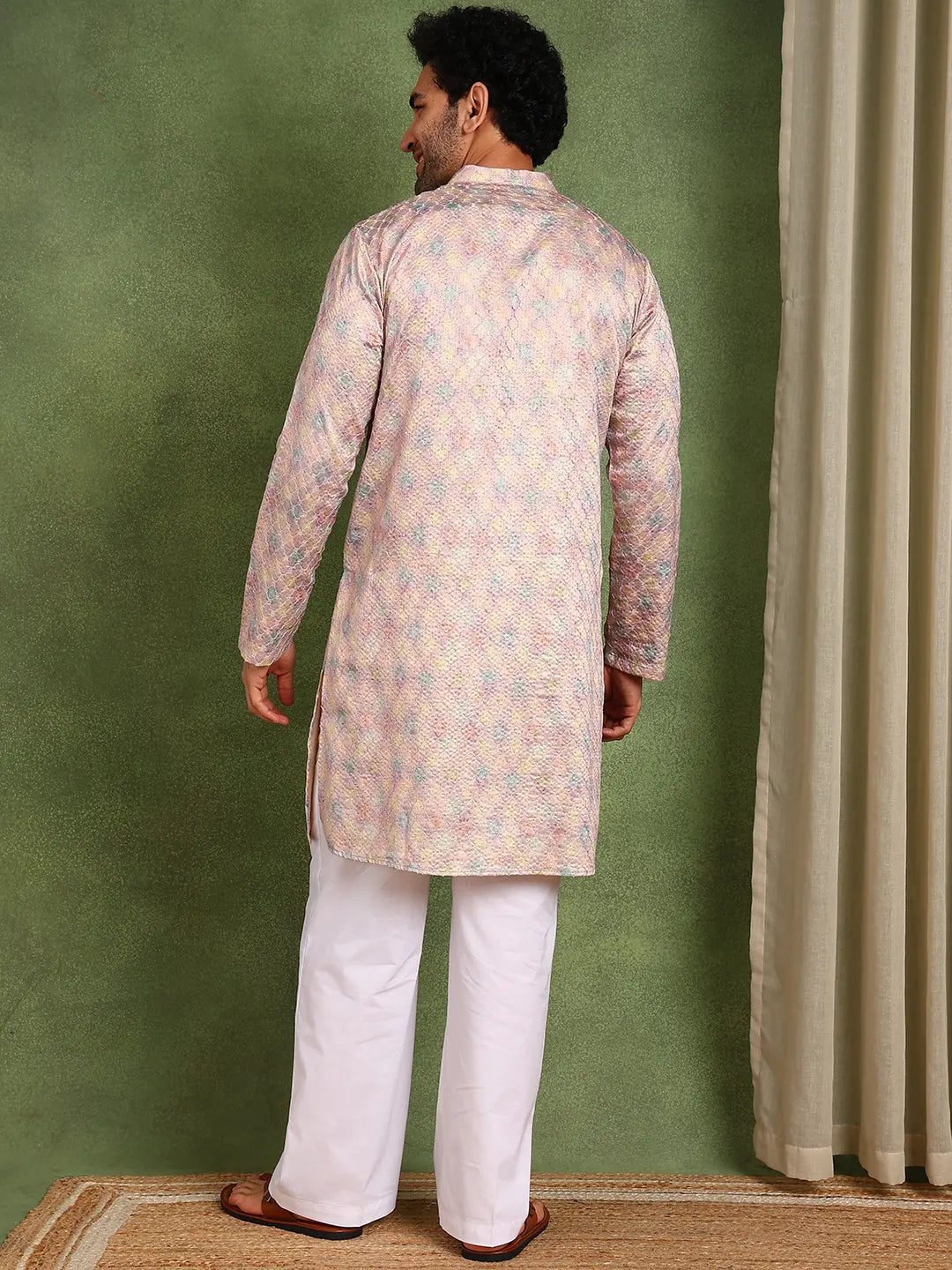 Men Pink Sequin Cotton Satin Straight Printed Kurta