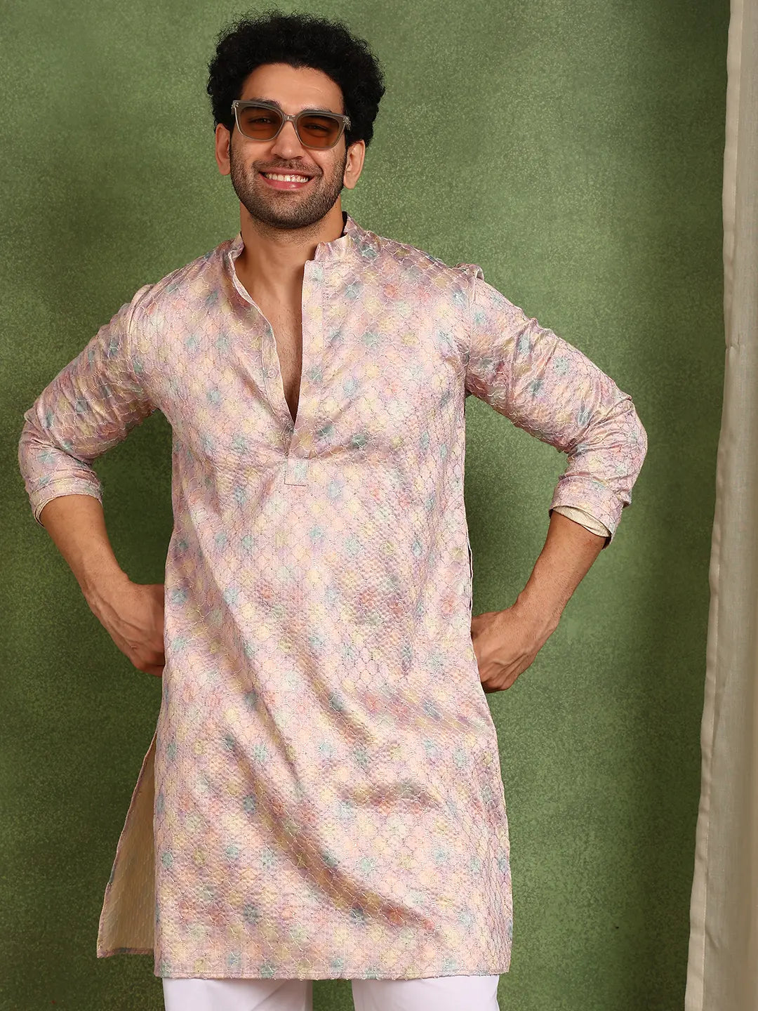 Men Pink Sequin Cotton Satin Straight Printed Kurta
