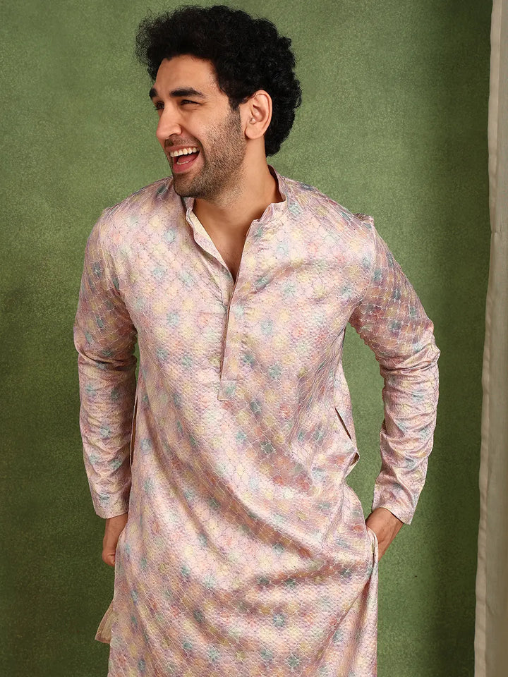 Men Pink Sequin Cotton Satin Straight Printed Kurta