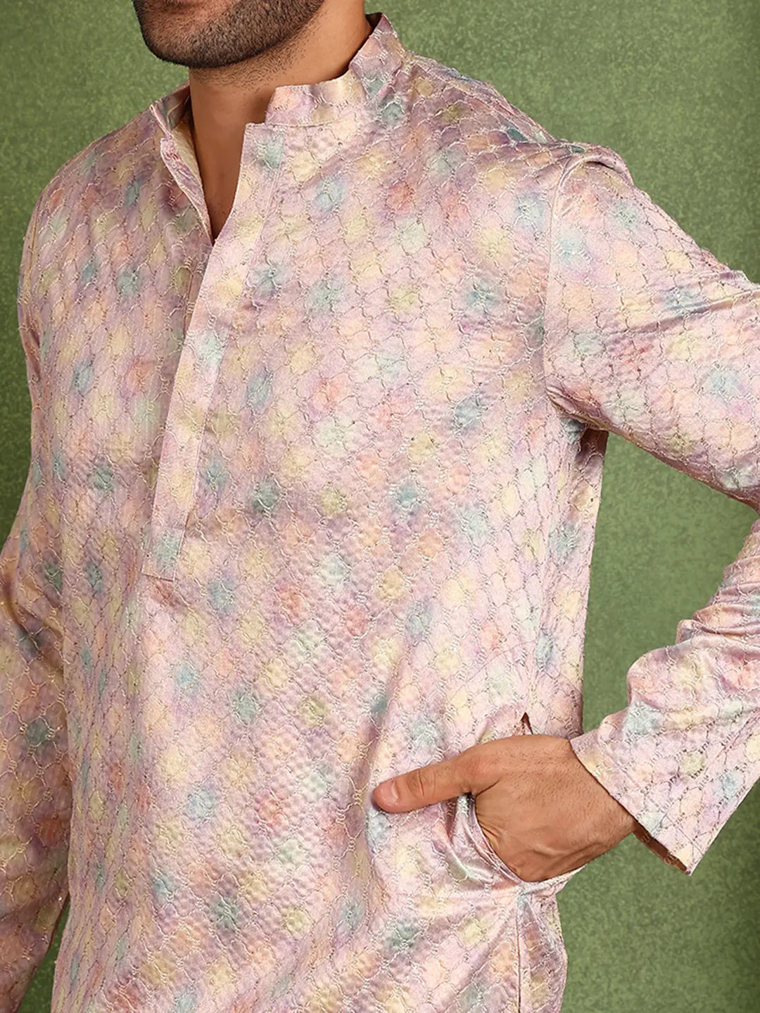 Men Pink Sequin Cotton Satin Straight Printed Kurta