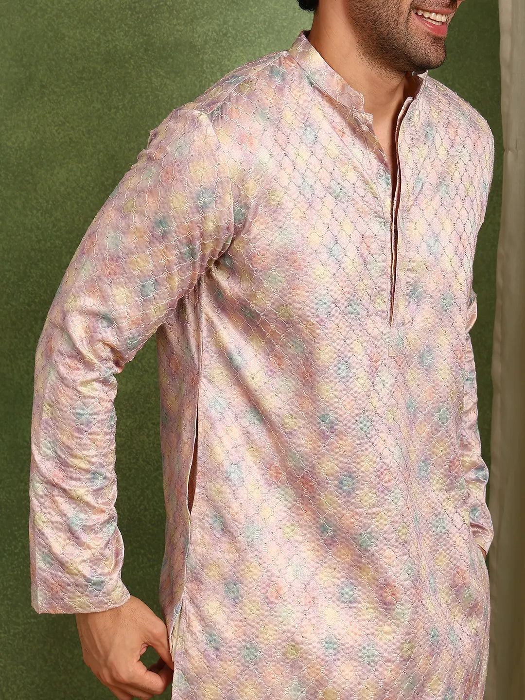 Men Pink Sequin Cotton Satin Straight Printed Kurta