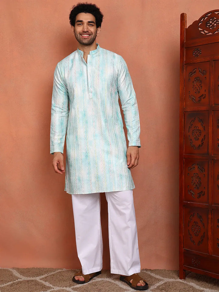 Men Blue Cotton Silk Straight Woven Design Kurta