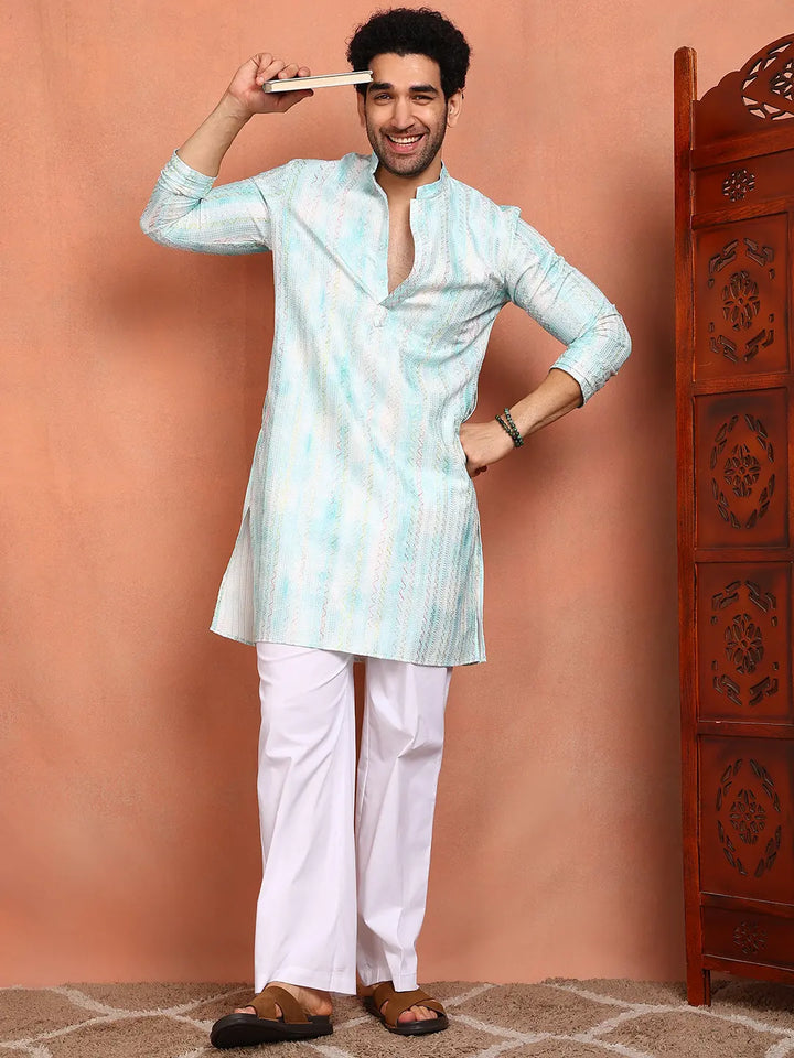 Men Blue Cotton Silk Straight Woven Design Kurta