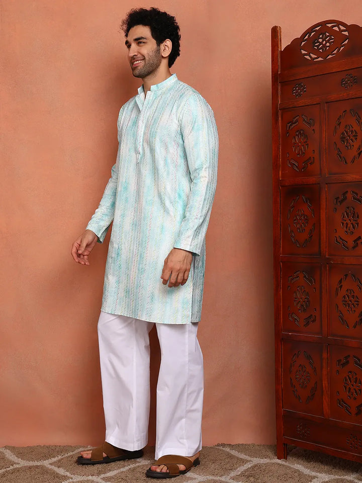 Men Blue Cotton Silk Straight Woven Design Kurta