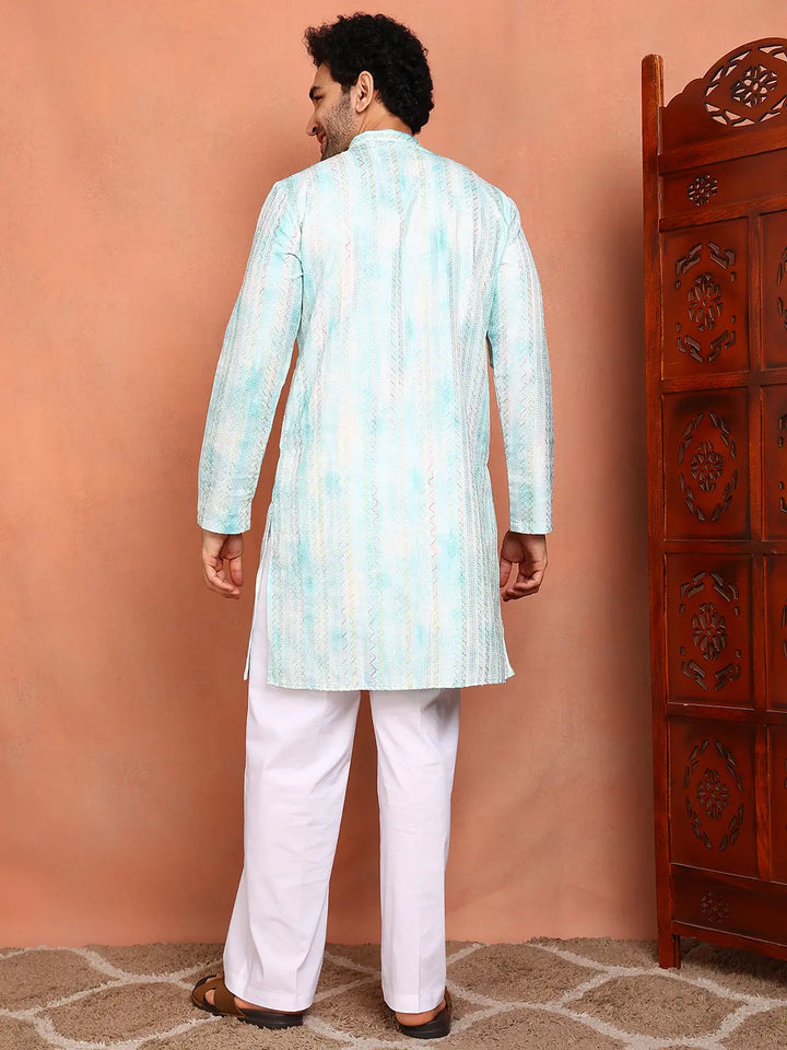 Men Blue Cotton Silk Straight Woven Design Kurta