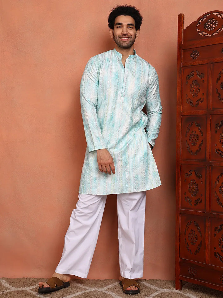 Men Blue Cotton Silk Straight Woven Design Kurta