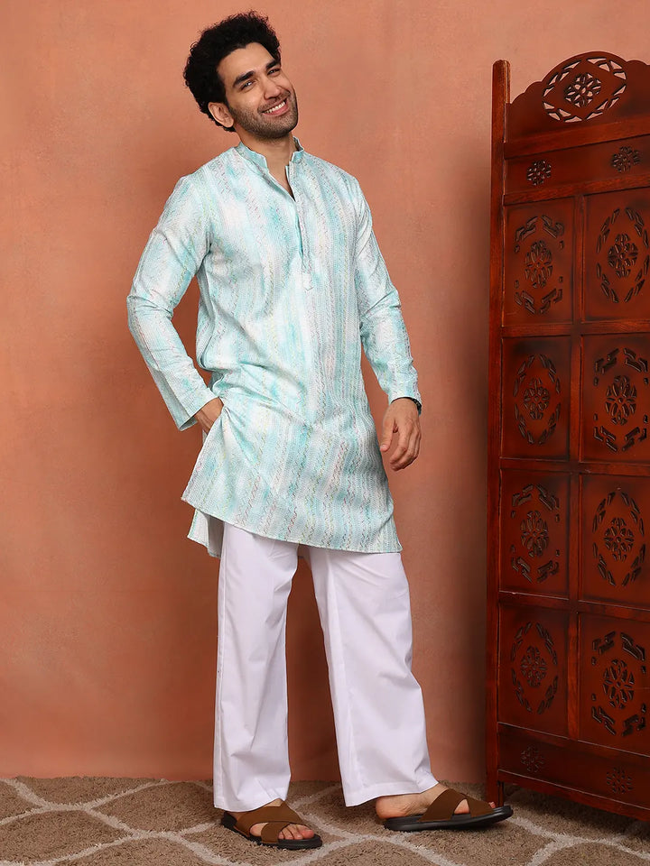 Men Blue Cotton Silk Straight Woven Design Kurta