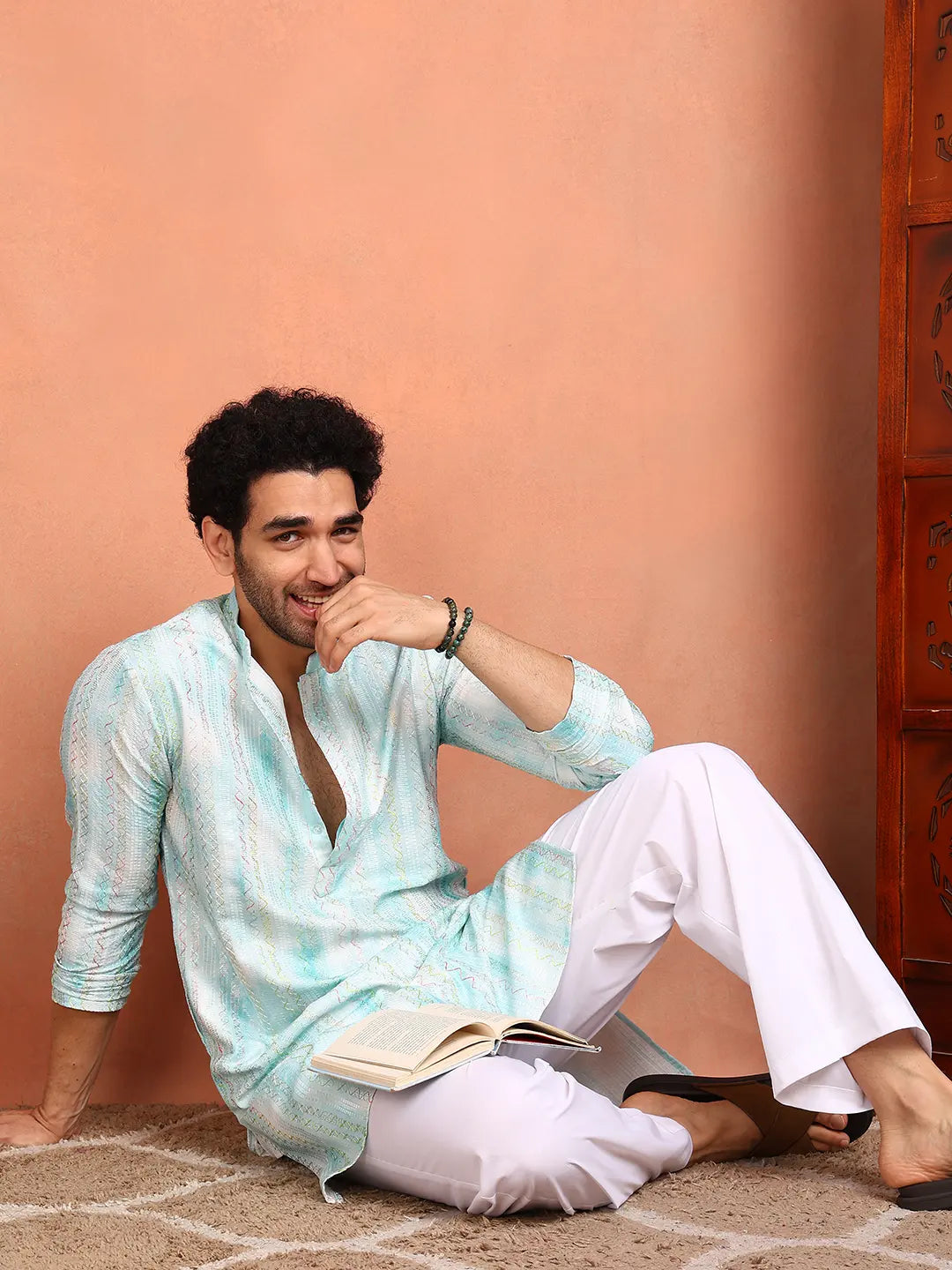 Men Blue Cotton Silk Straight Woven Design Kurta
