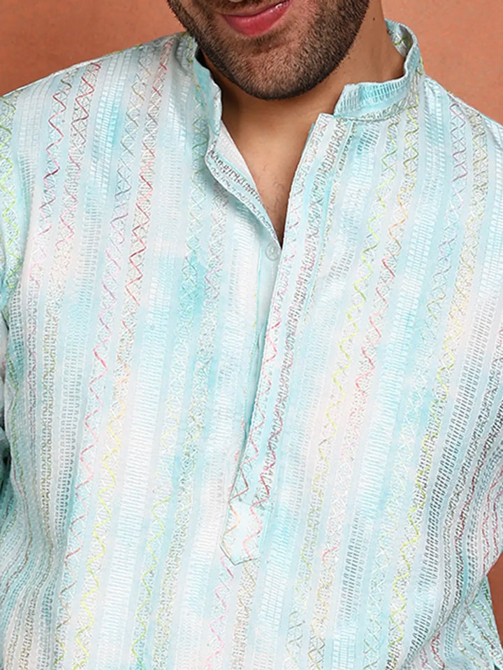Men Blue Cotton Silk Straight Woven Design Kurta