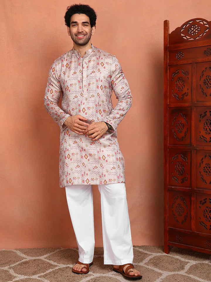 Men Grey Cotton Silk Straight Woven Design Kurta