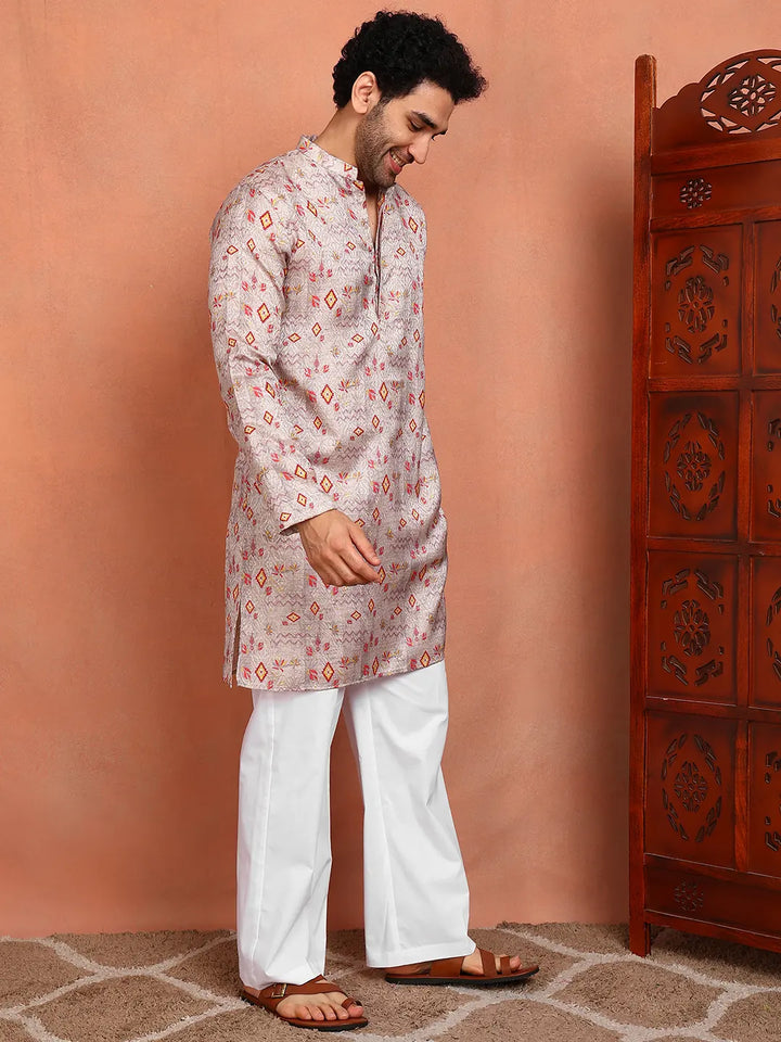 Men Grey Cotton Silk Straight Woven Design Kurta