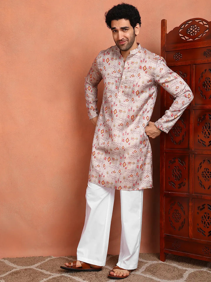 Men Grey Cotton Silk Straight Woven Design Kurta