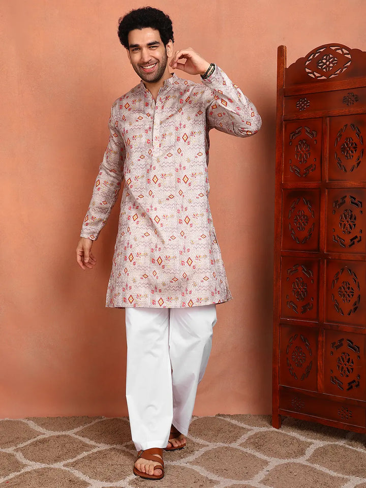 Men Grey Cotton Silk Straight Woven Design Kurta