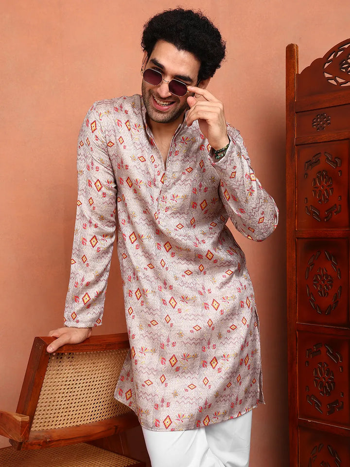 Men Grey Cotton Silk Straight Woven Design Kurta
