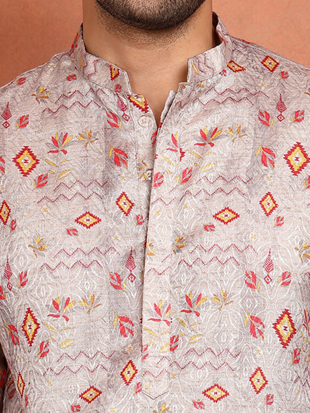 Men Grey Cotton Silk Straight Woven Design Kurta