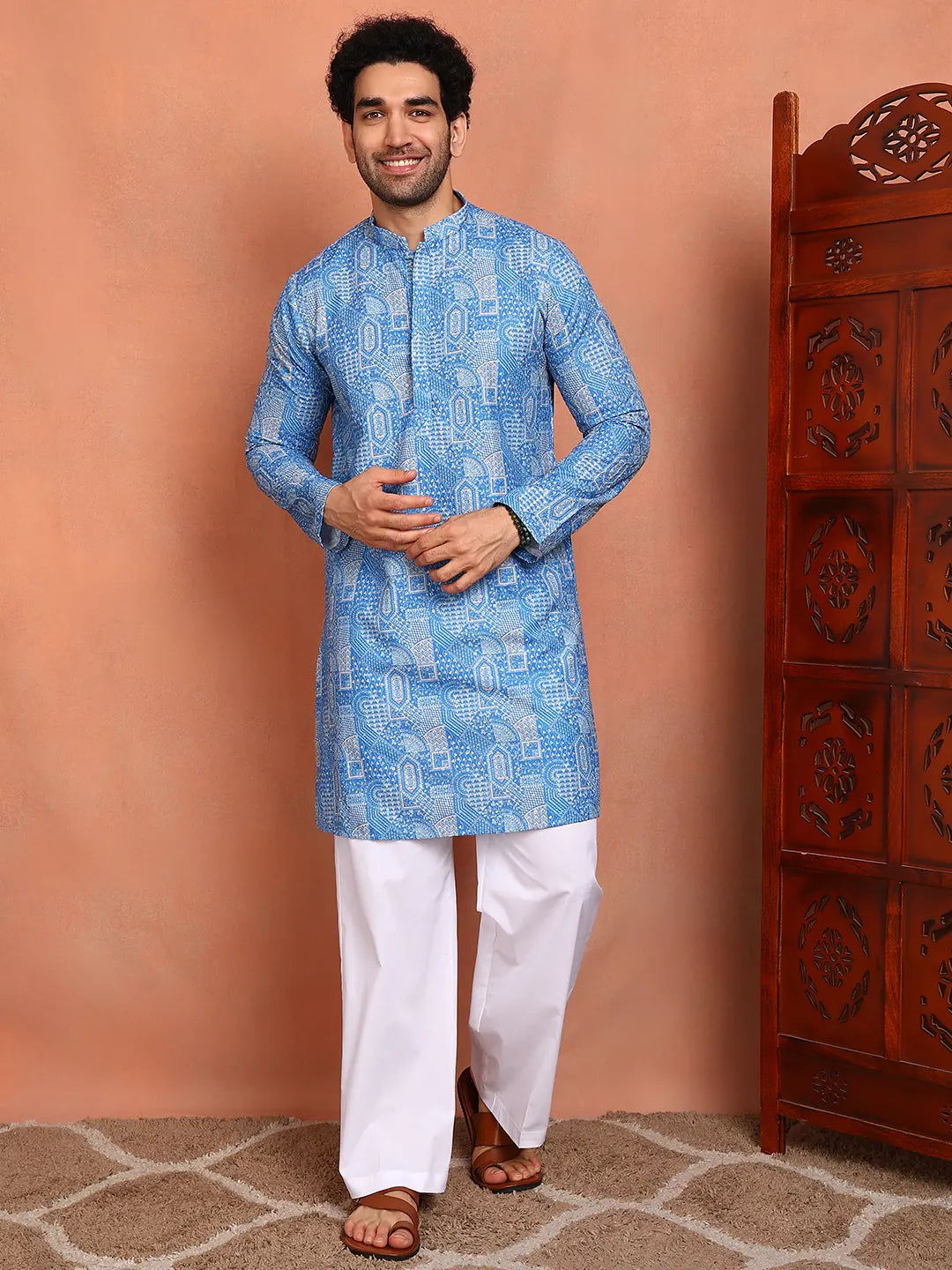 Men Blue Cotton Silk Straight Woven Design Kurta