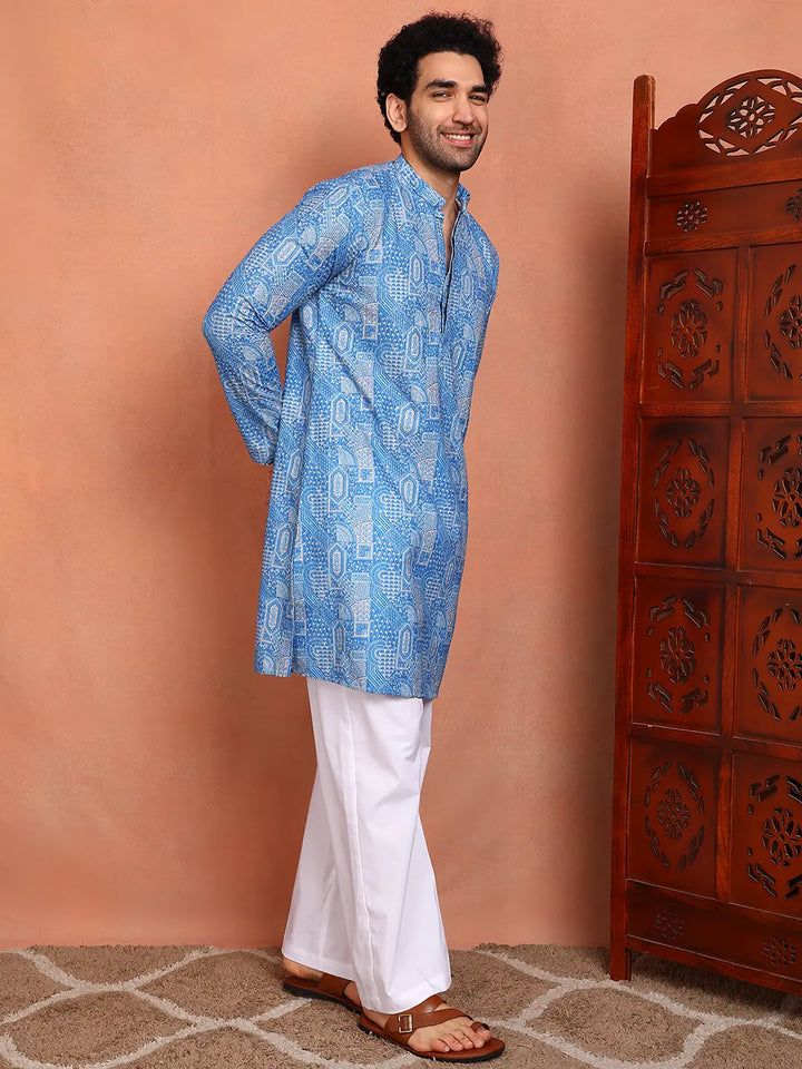 Men Blue Cotton Silk Straight Woven Design Kurta