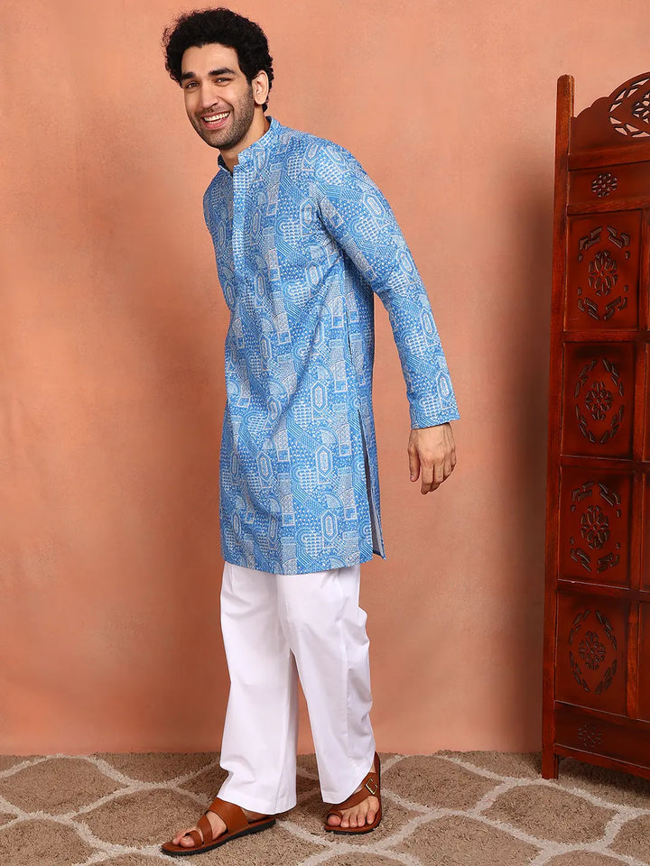 Men Blue Cotton Silk Straight Woven Design Kurta