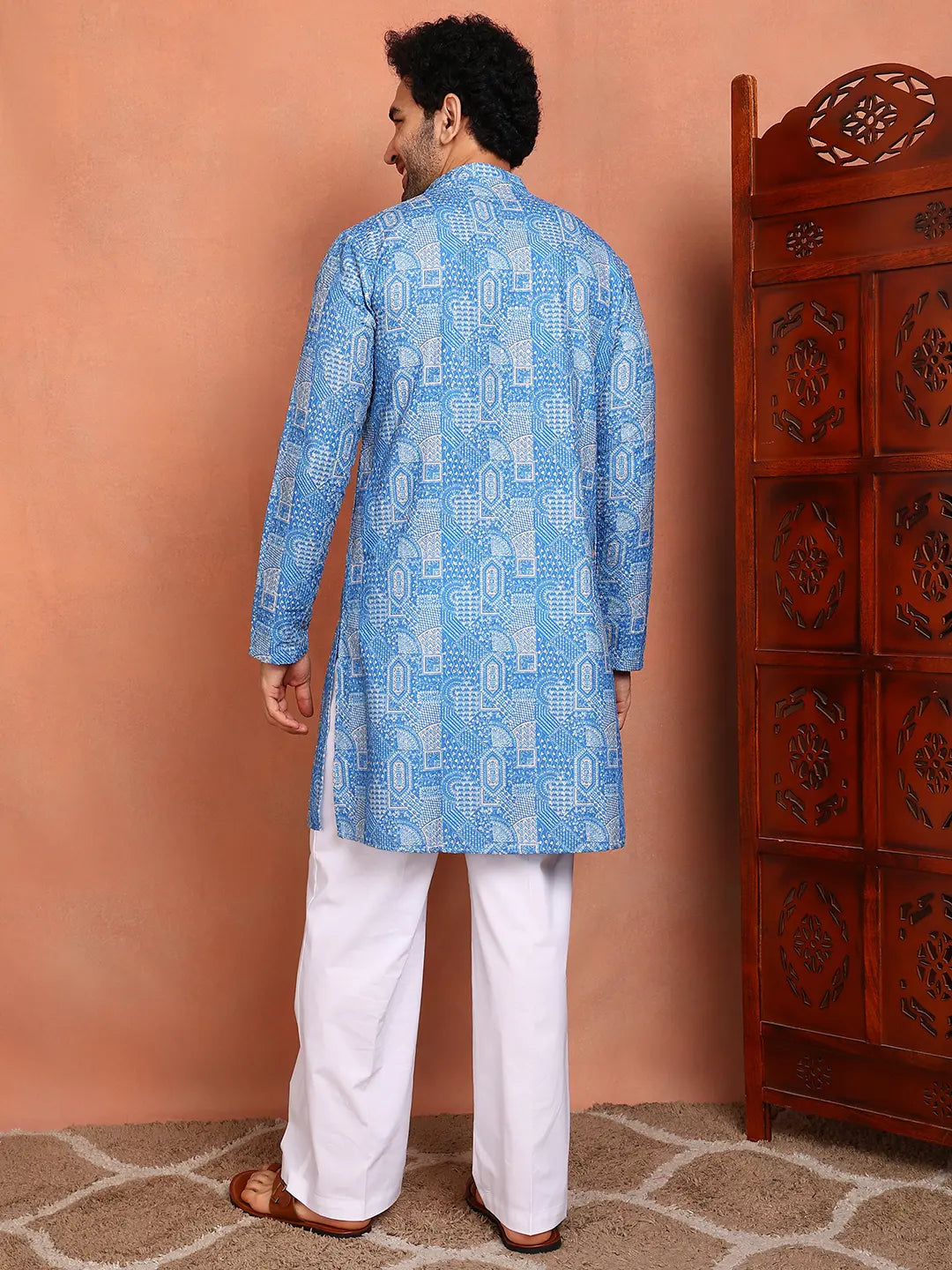 Men Blue Cotton Silk Straight Woven Design Kurta