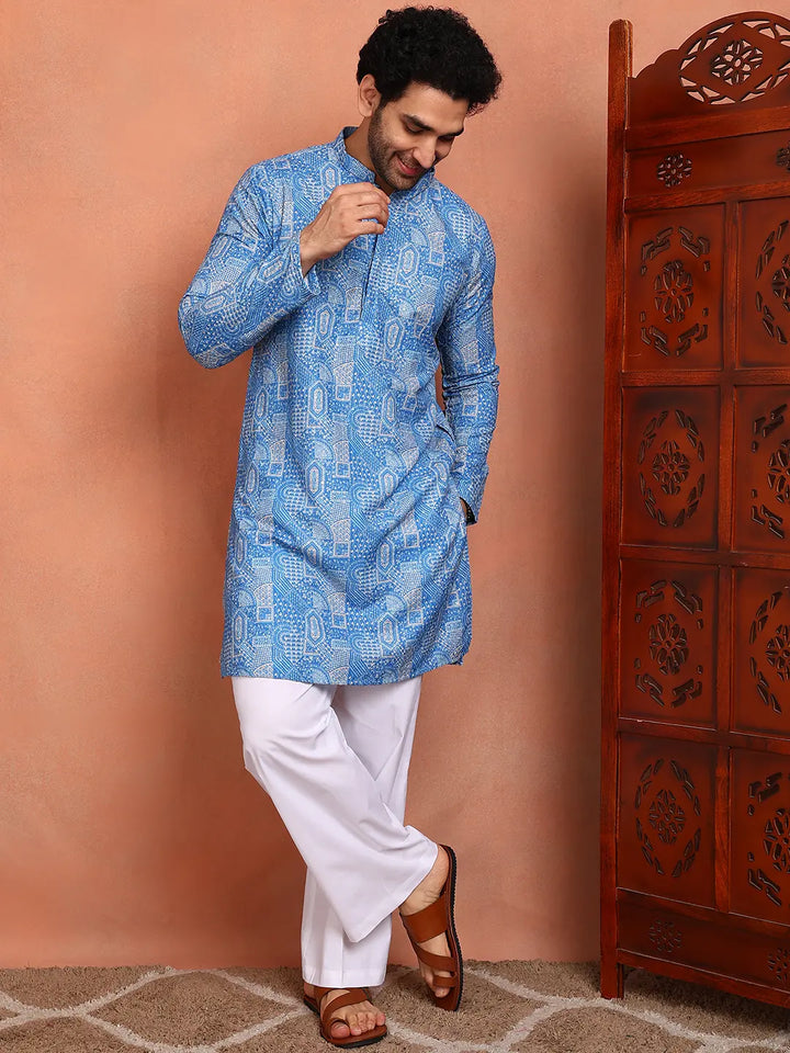 Men Blue Cotton Silk Straight Woven Design Kurta