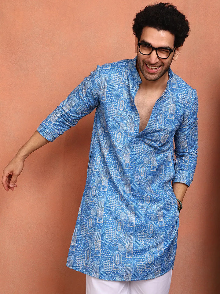 Men Blue Cotton Silk Straight Woven Design Kurta