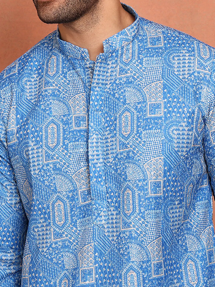 Men Blue Cotton Silk Straight Woven Design Kurta