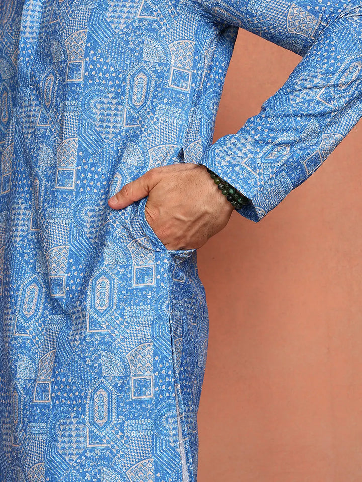 Men Blue Cotton Silk Straight Woven Design Kurta