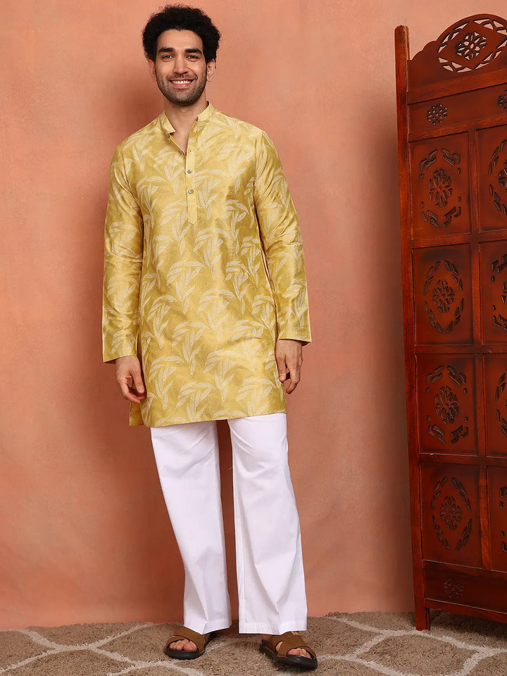 Men Mustard Cotton Silk Straight Woven Design Kurtas