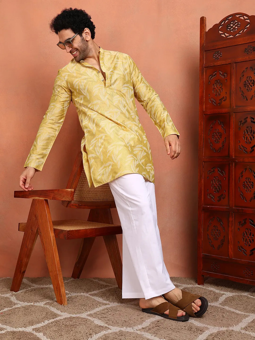 Men Mustard Cotton Silk Straight Woven Design Kurtas