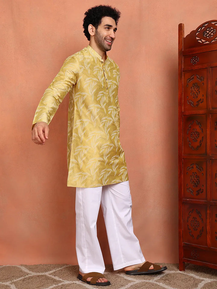 Men Mustard Cotton Silk Straight Woven Design Kurtas