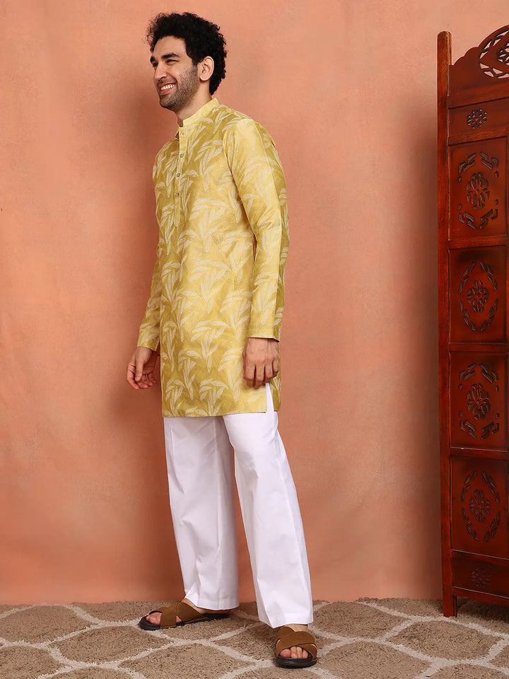 Men Mustard Cotton Silk Straight Woven Design Kurtas
