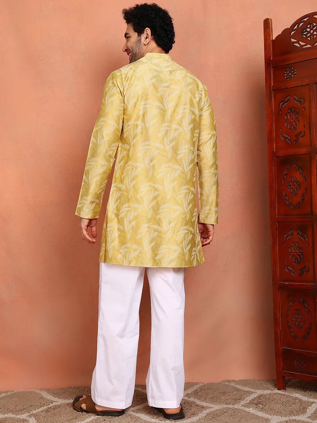 Men Mustard Cotton Silk Straight Woven Design Kurtas
