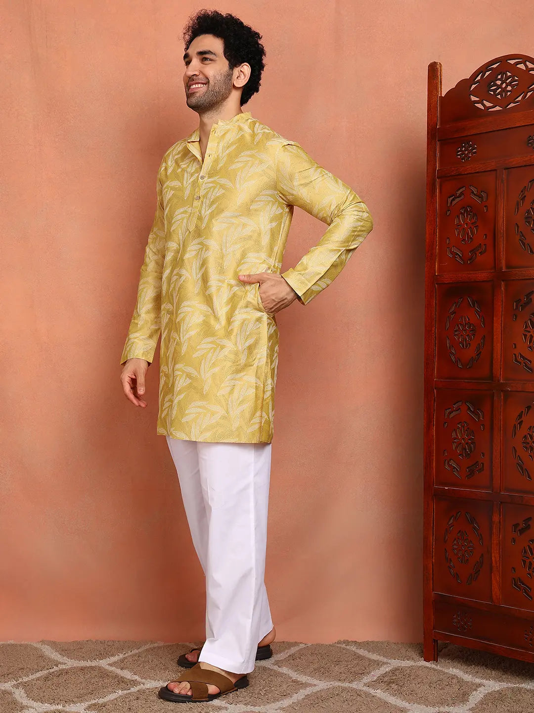 Men Mustard Cotton Silk Straight Woven Design Kurtas