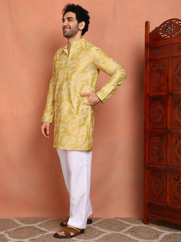 Men Mustard Cotton Silk Straight Woven Design Kurtas