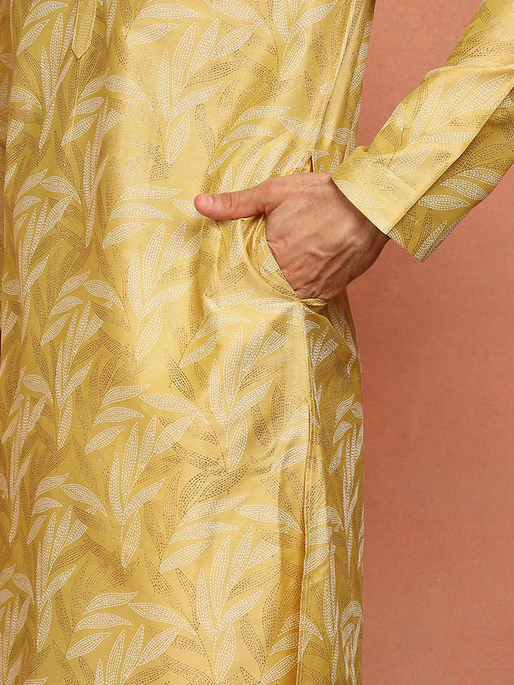 Men Mustard Cotton Silk Straight Woven Design Kurtas