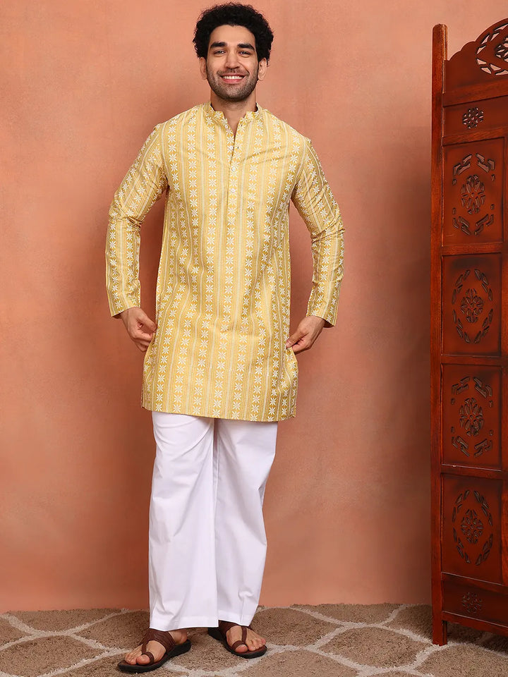 Men Mustard Cotton Silk Straight Woven Design Kurta
