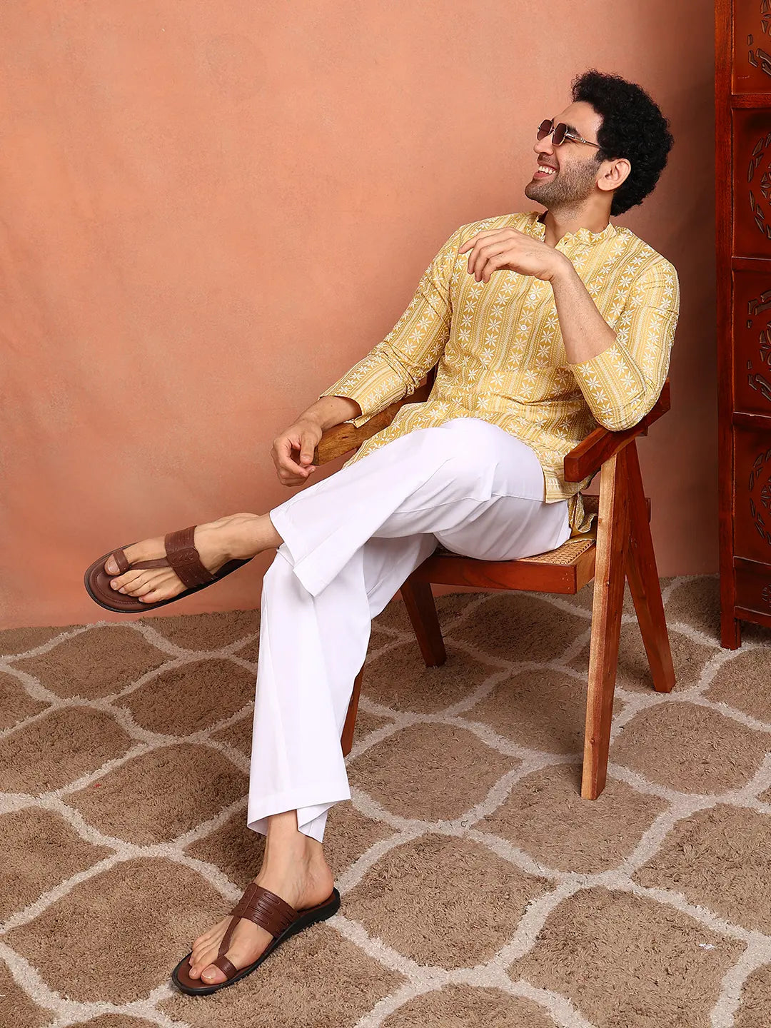 Men Mustard Cotton Silk Straight Woven Design Kurta