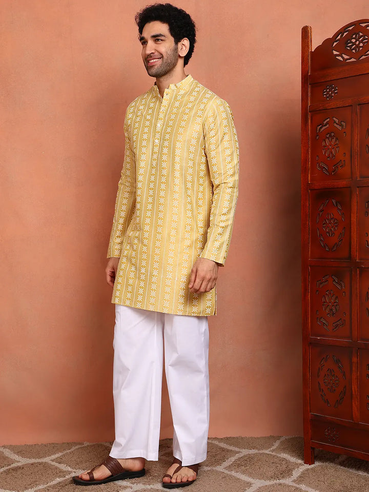 Men Mustard Cotton Silk Straight Woven Design Kurta