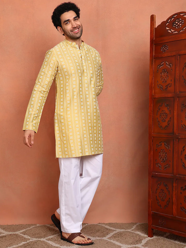 Men Mustard Cotton Silk Straight Woven Design Kurta