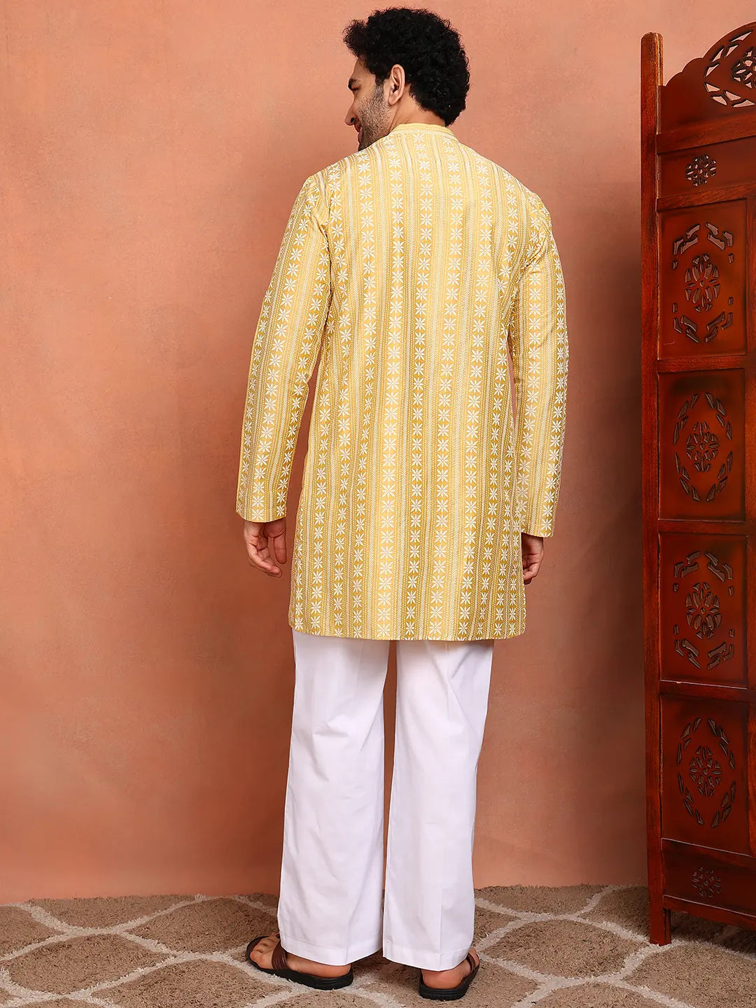 Men Mustard Cotton Silk Straight Woven Design Kurta