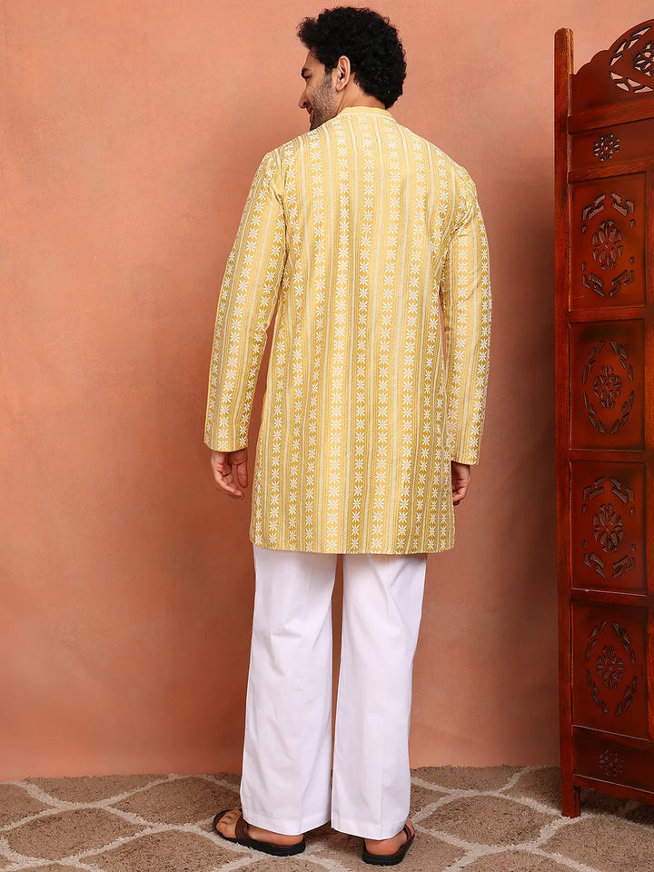 Men Mustard Cotton Silk Straight Woven Design Kurta