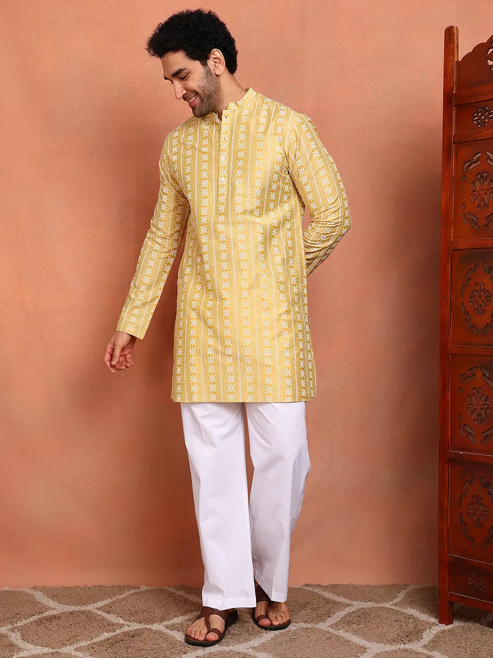 Men Mustard Cotton Silk Straight Woven Design Kurta
