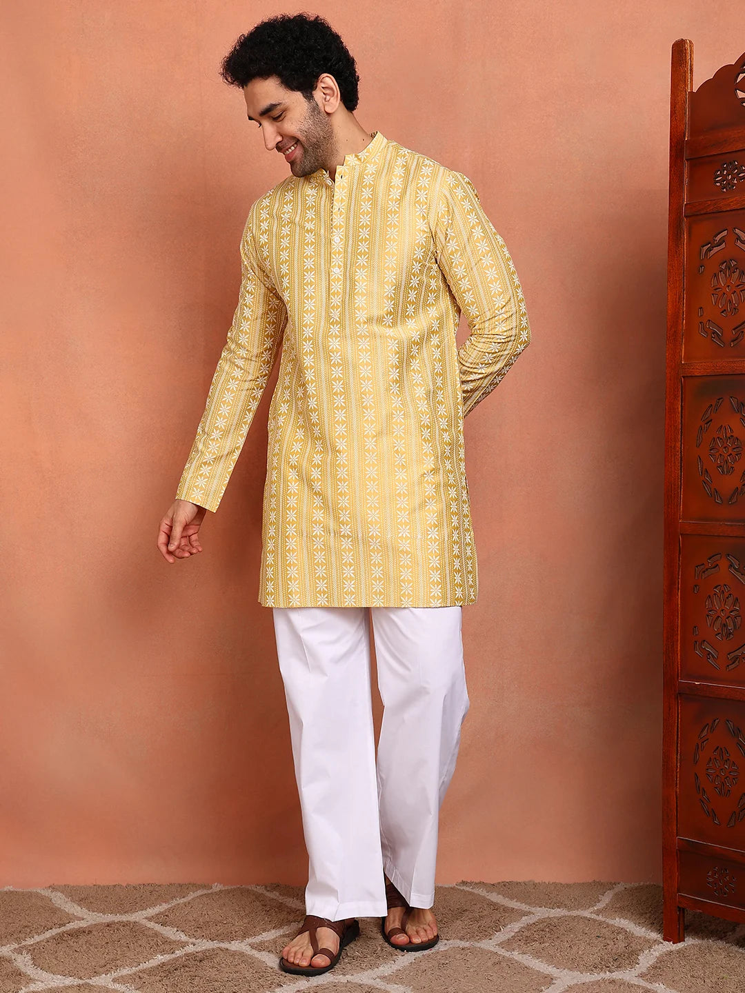 Men Mustard Cotton Silk Straight Kurta With Pyjama