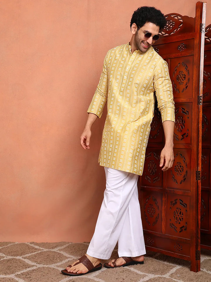 Men Mustard Cotton Silk Straight Woven Design Kurta