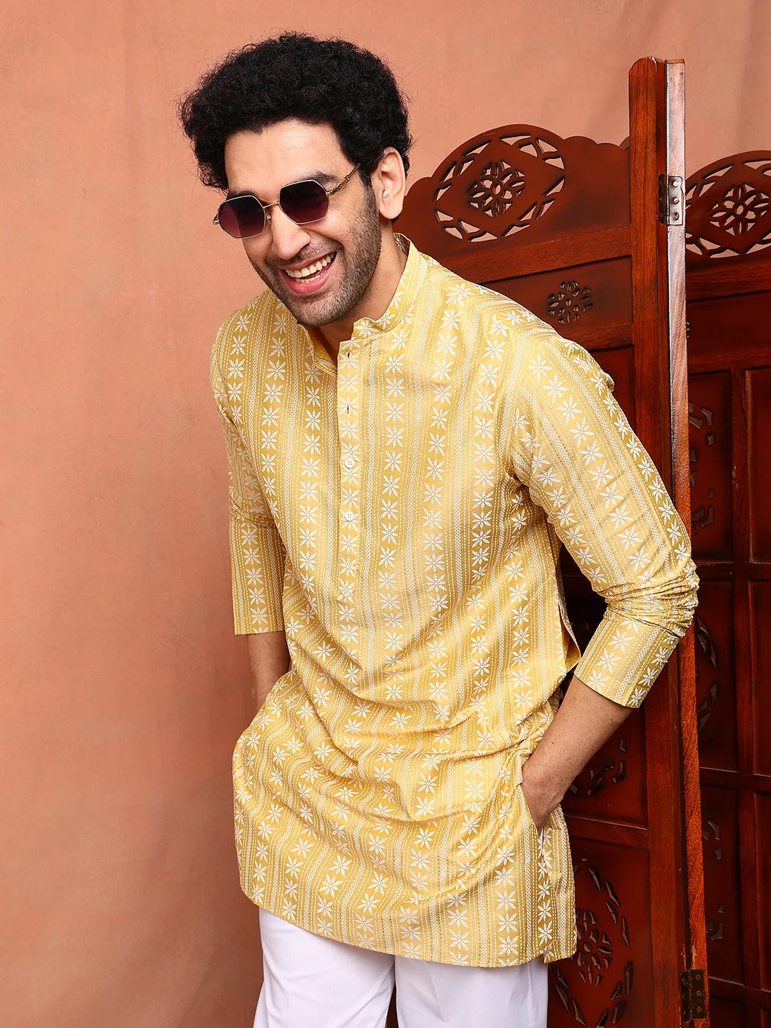 Men Mustard Cotton Silk Straight Kurta With Pyjama