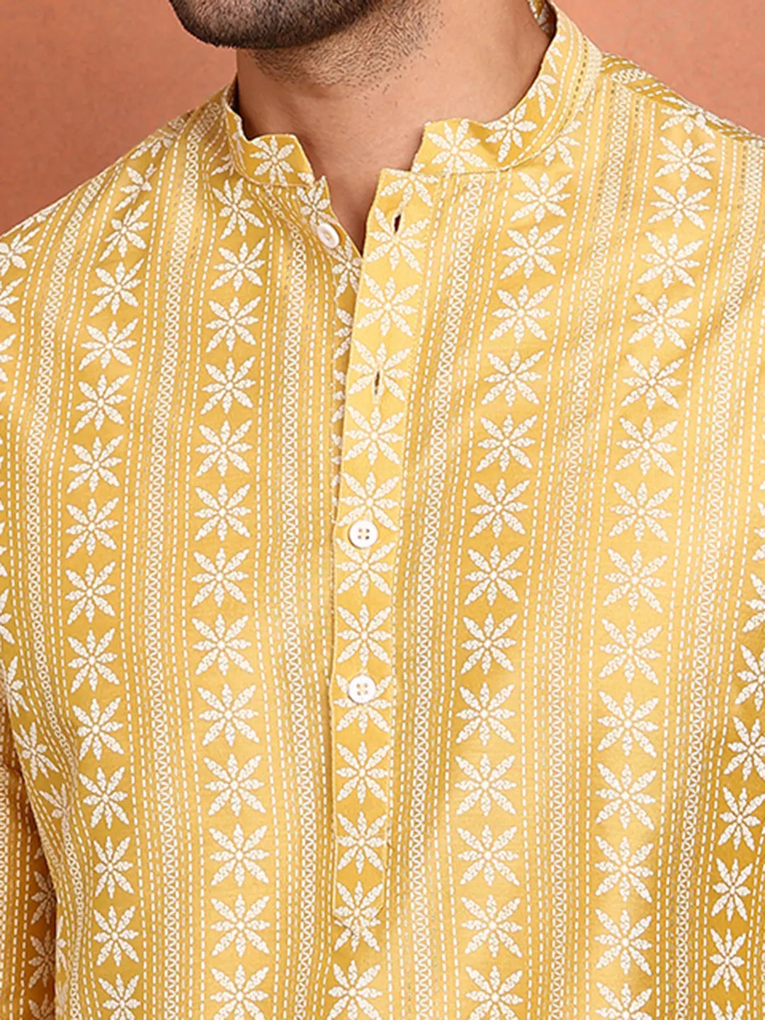 Men Mustard Cotton Silk Straight Woven Design Kurta