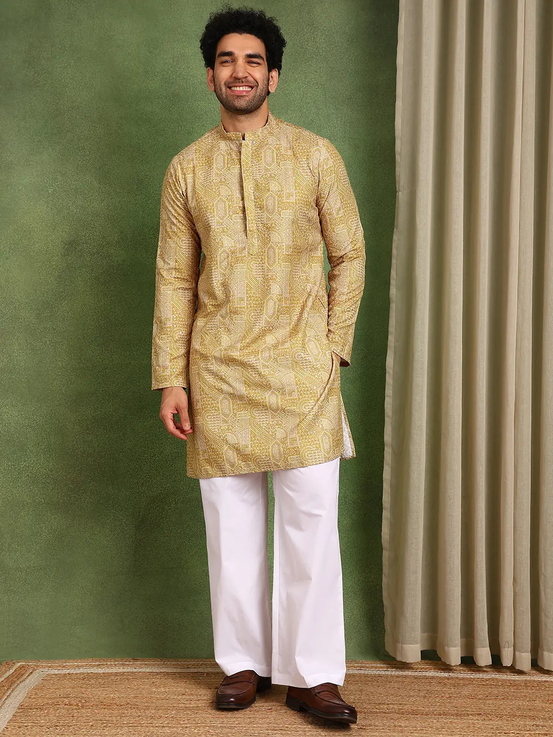 Men Mustard Cotton Silk Straight Woven Design Kurta