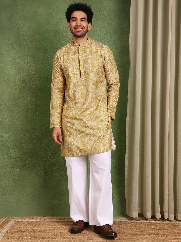 Men Mustard Cotton Silk Straight Woven Design Kurta