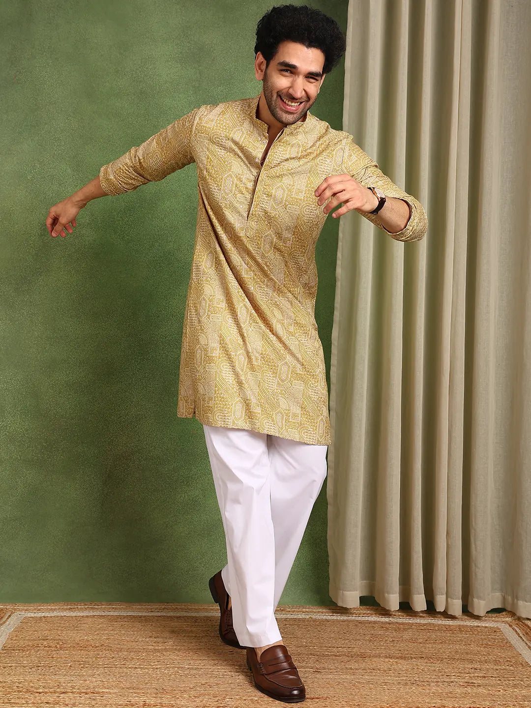 Men Mustard Cotton Silk Straight Woven Design Kurta