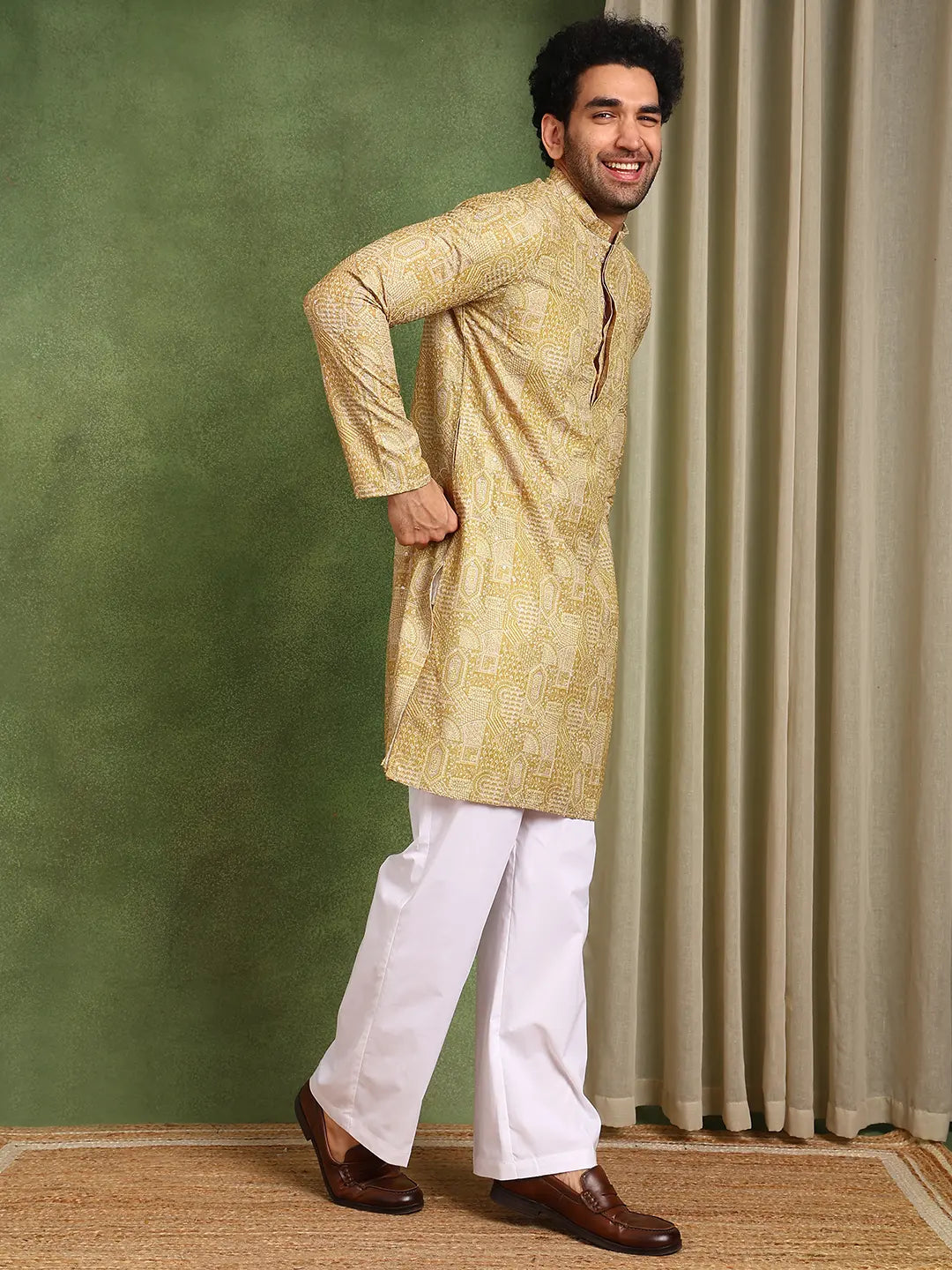 Men Mustard Cotton Silk Straight Woven Design Kurta